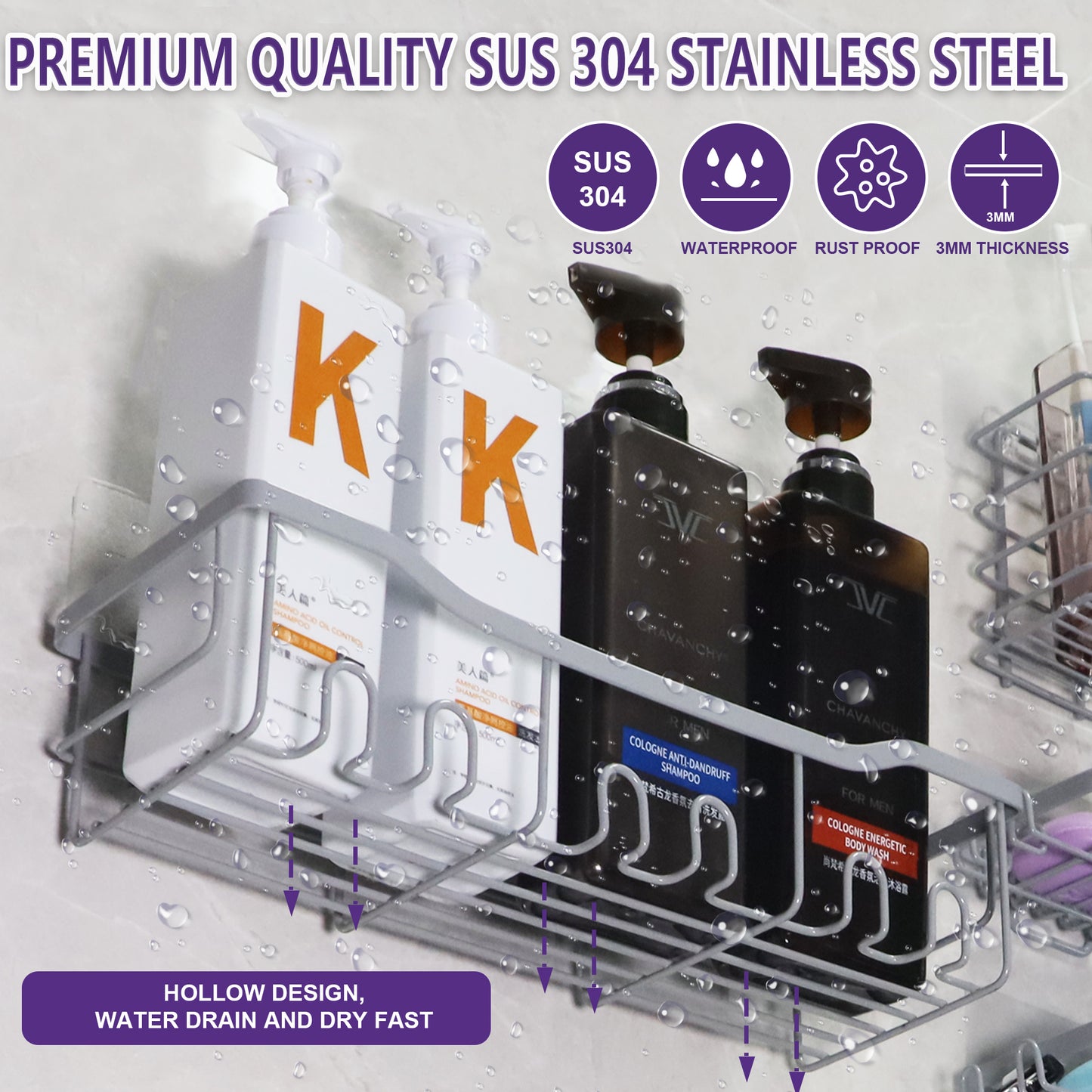 Super Strong Adhesive Stainless Steel Shower Caddy, 5 Pack; With Extra Adhesive And Magic Napkins